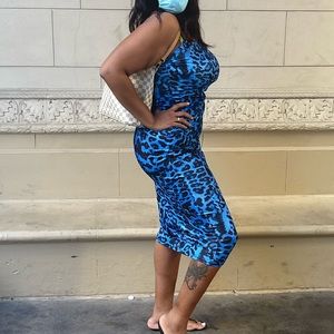 Blue leopard print spaghetti strap dress